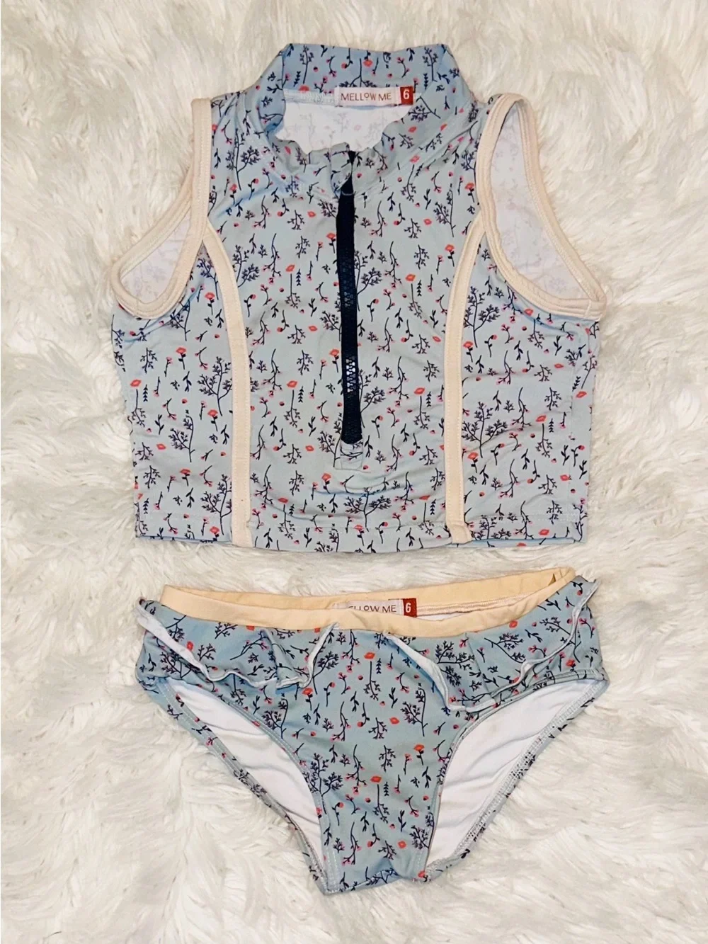 MELLOW ME Floral Front Zip Two-Piece Swim Rash Guard Set in Light Blue